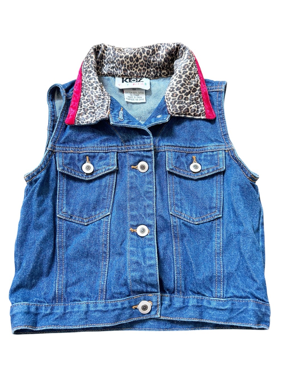 Vintage Early 2000’s Blue Denim Vest with Leopard Print and Red Trim Collar 6x